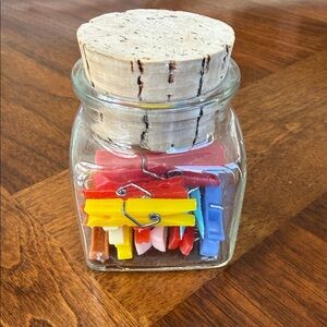 VINTAGE 80'S GLASS CONTAINER MINI CLOTHESPINS WITH CORK TOP - SO CUTE!!